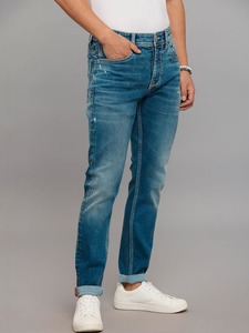 Jean en denim délavé coupe slim pour homme, jambe droite, taille haute, en coton léger, décontracté, bleu uni, pour l'hiver - Product Image 1