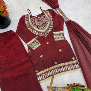 Nude <b>Rose</b> Dusty Pink Silk Embroidered Mirror Work <b>Top</b> With Sharara Plazzo And Dupatta - Product Image 1