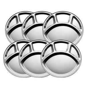 Plateau repas rectangulaire en acier inoxydable électrolytique à 7 compartiments pour restaurants de restauration rapide et usage scolaire avec assiettes à dîner - Product Image 1