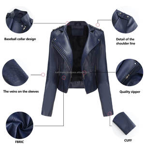 Bleu foncé Slim Fit Rivet Moto Biker Punk Style Vestes en cuir pour femmes avec col à revers fermeture éclair asymétrique à prix abordable - Product Image 6