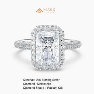 Anillo de Compromiso y Boda de Plata de Ley 925 con Moissanita Cultivada en Laboratorio, Corte Radiante, Halo, Joyería Nupcial de Lujo, Regalo para Mujer, Estilo Gujarati - Product Image 6