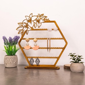 Wooden Hexagon Jewelry Organizer With Floral Design Boho Style <b>Table</b> Top Display Stand For Earrings And Accessories - Product Image 1