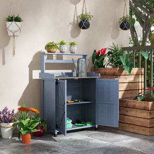 Banco da Giardinaggio in Legno per Esterni con Piano in Acciaio Zincato Grigio e Ripiano Portaoggetti per Giardino - Product Image 2