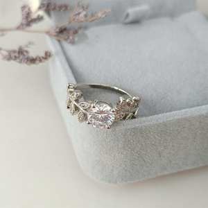 Bague en forme de feuille avec diamant rond en moissanite pour femmes, bijoux de mariage originaux en argent 925, style Art Déco, pour cadeaux de mariage et fêtes - Product Image 3