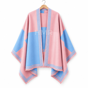 Poncho en tricot acrylique décontracté HMR Sorority Sisterhood, toutes saisons, rose et bleu, avec bordure à franges et blocs de couleur - Product Image 5
