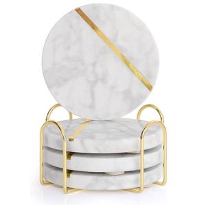 Natural Round Marble <b>Drinks</b> <b>Coaster</b> Sets of 4 with Metal Holder for Home and Dining Room Coffee Table Decorative <b>Coasters</b> - Product Image 1