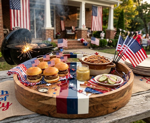 Plateau de service en bois pour la fête de l'Indépendance américaine, plateau rond en bois patriotique avec rayures rouges, blanches et bleues pour usages multiples - Product Image 6