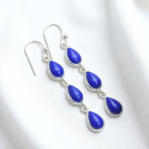 Handmade Blue Sapphire Pear Drop Long <b>Dangle</b> Gemstone <b>Earrings</b> in 925 Sterling <b>Silver</b> Gold Plated Cute Party for Women - Product Image 3