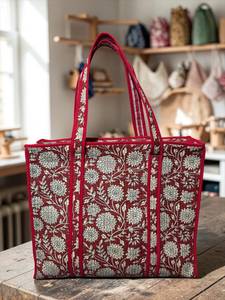 Sac fourre-tout en coton matelassé fait main de qualité supérieure, fermeture à glissière, grand format 18x18 pouces, imprimé floral, peint à la main, sac à bandoulière réutilisable pour femmes - Product Image 4