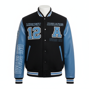 Chaqueta Varsity Midnight Athletics para Hombre, Negra y Azul, con Mangas de Cuero PU, Letra 12 A Owais Bordada, Estilo Preppy, Otoño - Product Image 1