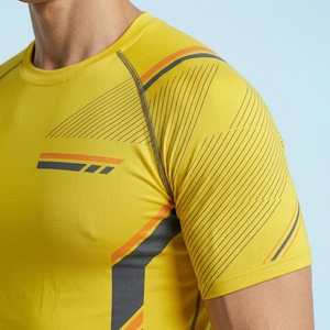 Men's Yellow Short Sleeve Compression Shirt Geometric Print Quick Dry Slim Fit Sporty O-Neck Knitted Polyester <b>Athletic</b> Top - Product Image 4
