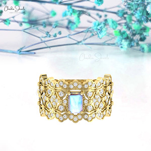 Custom 14k Solid <b>Gold</b> Natural 6x4mm Moonstone & Diamond Statement <b>Ring</b> Art Deco Design Wide Band Fine Jewelry For Women - Product Image 1