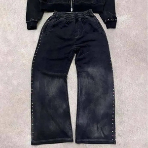 Conjunto de chándal de algodón grueso con efecto desgastado, estilo urbano vintage, con capucha y cremallera, y pantalones jogger, al por mayor - Product Image 6