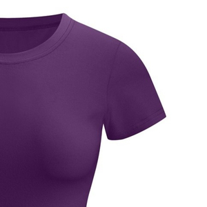 Camiseta Corta Morada para Mujer, Cuello Redondo, Manga Corta, Corte Ajustado, Tejido de Punto, Color Sólido, Informal, para Todas las Temporadas - Product Image 4
