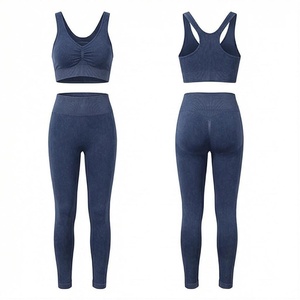 2 Piece Yoga Set High Waist Full Length Leggings V Neck Racerback Sports <b>Bra</b> Seamless Solid Navy <b>Blue</b> Women's Activewear - Product Image 1