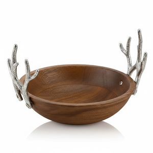 Bol de service en bois naturel de forme ronde au design luxueux pour la table, les collations et les fruits secs, avec poignée en métal - Product Image 1