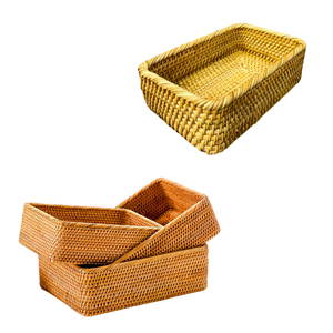 Juego de 3 Cestas/Bandejas Rectangulares de Mimbre RATTAN, Cestas Rectangulares de Mimbre Natural Tejidas a Mano - Product Image 1