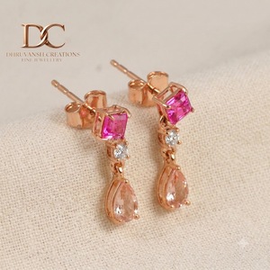 Boucles d'oreilles en or rose massif 14 carats, diamant de laboratoire certifié IGI, tourmaline rose et saphir Padparadscha pour femme - Product Image 3