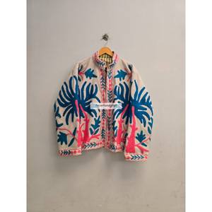Veste en laine 100% coton, broderie palmier, veste courte faite à la main, veste unisexe pour soirée, veste en tissu Suzani, manteau pour femme - Product Image 5