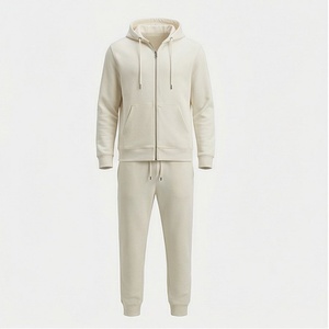 Conjunto Deportivo para Hombre con Capucha, Color Crema, Sudadera con Cierre Completo y Pantalones Jogger, Transpirable, de Algodón, para Otoño - Product Image 1