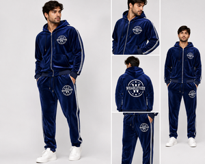 Ensemble de survêtement en velours pour homme avec logo brodé, bleu, décontracté, sweat-shirt et pantalon coupe classique, streetwear d'automne - Product Image 6