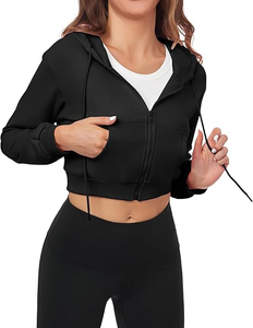 <b>Black</b> Cropped Zip-Up Hoodie Slim Fit Knitted Polyester Casual Autumn Wear Unisex Solid Color Hooded <b>Sweatshirt</b> - Product Image 2