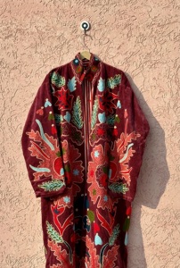 Red Velvet Embroidered <b>Coat</b> Full Sleeve O-Neck Autumn Eco-Friendly Breathable Women's Long Fleece Jacket One Size - Product Image 2
