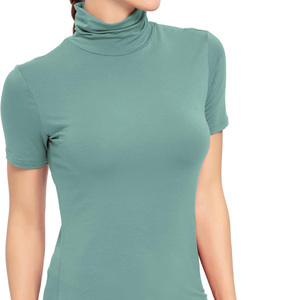 Haut décontracté à col roulé et manches courtes pour femme, en jersey uni, coupe classique, respirant, en coton biologique, été, avec logo vert - Product Image 3