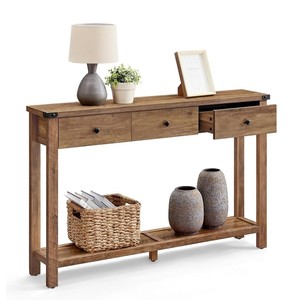 Console rustique en teck massif avec étagère de rangement, design moderne pour entrée, salon, salle à manger, couloir - Product Image 2