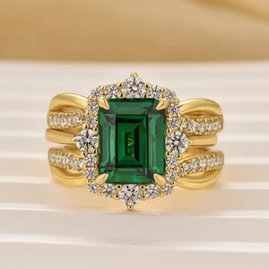 925 <b>Sterling</b> <b>Silver</b> Vintage Emerald Cut Moissanite Halo Red Green Wedding <b>Ring</b> <b>Set</b> 4 Prong Setting Yellow Gold Plated for - Product Image 2