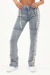 Lace Wide Leg Breathable Casual Women Mid Waist Baggy Denim Flared Leg <b>Jeans</b> Patchwork Detail Light Wash - Product Image 1