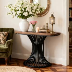 Mesa Consola Moderna de Hierro con Diseño de Pedestal Curvo y Borde Redondo, Iluminación LED, Almacenamiento, Fácil Montaje para Sala de Estar - Product Image 6