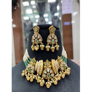 Luxury Premium Quality Brass Antique Gold Plated Moissanite Necklace Earrings <b>Set</b> for <b>Women</b> Engagement Party <b>Gift</b> Wedding Wear - Product Image 1