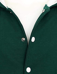 Custom High Street Varsity Hoodie Jacket Mens Green White Single Button <b>Stand</b> Collar Genuine Leather Drawstrings Ribbed Trim - Product Image 5