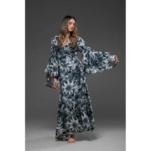 เดรสยาวลายดอกไม้สีเทาสุดหรูสำหรับผู้หญิง คอวี แขนยาว ทรงเข้ารูป สไตล์โบฮีเมียน เหมาะสำหรับงานเลี้ยงตอนเย็น - Product Image 3