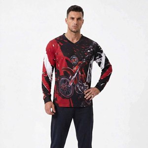 Maillot de cyclisme pour hommes, col en V, manches longues, imprimé graphique audacieux pour VTT, respirant, séchage rapide, 100% polyester - Product Image 3