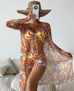 Summer Floral Print Women's Three-Piece Swimsuit <b>Set</b> with Drawstring Shorts <b>Push</b>-<b>Up</b> XL Plus Size - Product Image 5