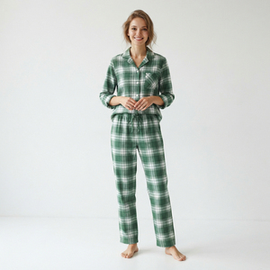 Ensemble de pyjama en flanelle pour femmes, t-shirt à manches longues à boutons et pantalon décontracté en coton à carreaux - Product Image 2