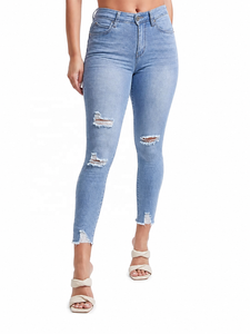 Women's Light Blue Distressed Skinny Jeans High Waist <b>Stretch</b> Slim Fit Ripped Ankle Length Casual <b>Denim</b> Pants - Product Image 1