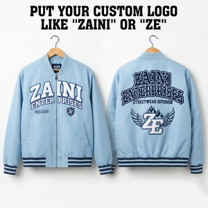Blouson Bomber en molleton de coton et polyester premium 420 GSM bleu ciel, broderie personnalisée, logo chenille, OEM - Product Image 1