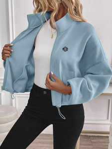 Drawcord Hem Women Sweatshirts Full Zip Oversized Cotton Fleece Bomber Jacket Casual Hoodies Autumn Winter Manufacturer - Product Image 3