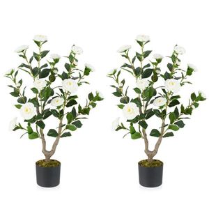 Set di 2 Alberi di Camelia Artificiali Bianchi, Piante Sempreverdi in Seta e Plastica per Esterni, Soggiorno, Ufficio, Feste, Dimensione 5m - Product Image 1