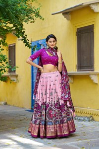 TENNECY Tasar Silk Kalamkari Print Foil Work <b>Border</b> Reversible Stretchable Sun Protection Quick Dry Ankle-Length Choli for - Product Image 2