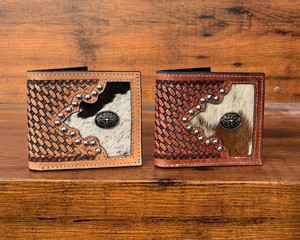 Cartera plegable tallada de vaquero hecha a mano Floral para hombre, tarjetero de piel de vaca occidental informal de lujo de cuero con pelo largo - Product Image 4