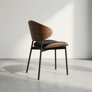Modern Wooden Restaurant <b>Chair</b> with Curved Backrest Cushioned Seat and <b>Black</b> Metal Legs for Cafe Living Room Office Use - Product Image 2