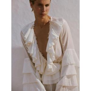 Vestido Maxi Bohemio con Volantes para Mujer, Cuello en V Profundo, Manga Larga, Estilo Fluido, para Vacaciones o Resort - Product Image 3