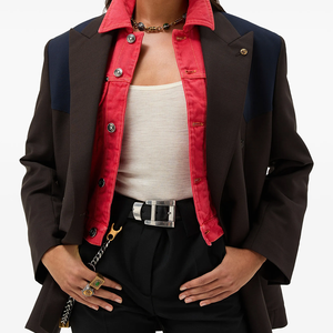 Blazer en laine croisé pour homme, col cranté, longueur classique, style britannique, marron foncé avec empiècements bleu marine aux épaules - Product Image 5