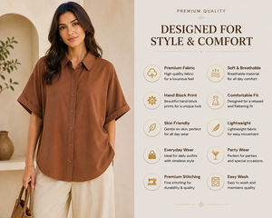 Wholesale <b>Women</b> Vintage <b>Brown</b> Casual Shirt Turn Collar Cuffed Short Sleeve Loose Blouse Office Work <b>Tops</b> Chiffon - Product Image 4