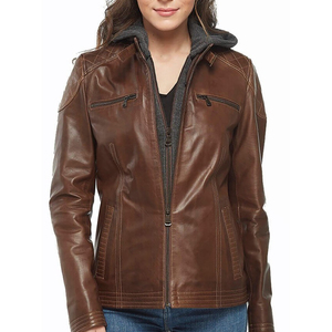 Veste de moto en cuir de vache véritable tricotée pour femme Afernon Industry, à capuche, manches longues, fermeture éclair, imperméable, automne, couleur unie - Product Image 1