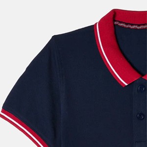 Men's <b>Navy</b> Blue Short Sleeve <b>Polo</b> <b>Shirt</b> With Red And White Trim Preppy Style Knitted Cotton Regular Fit Button Design - Product Image 2